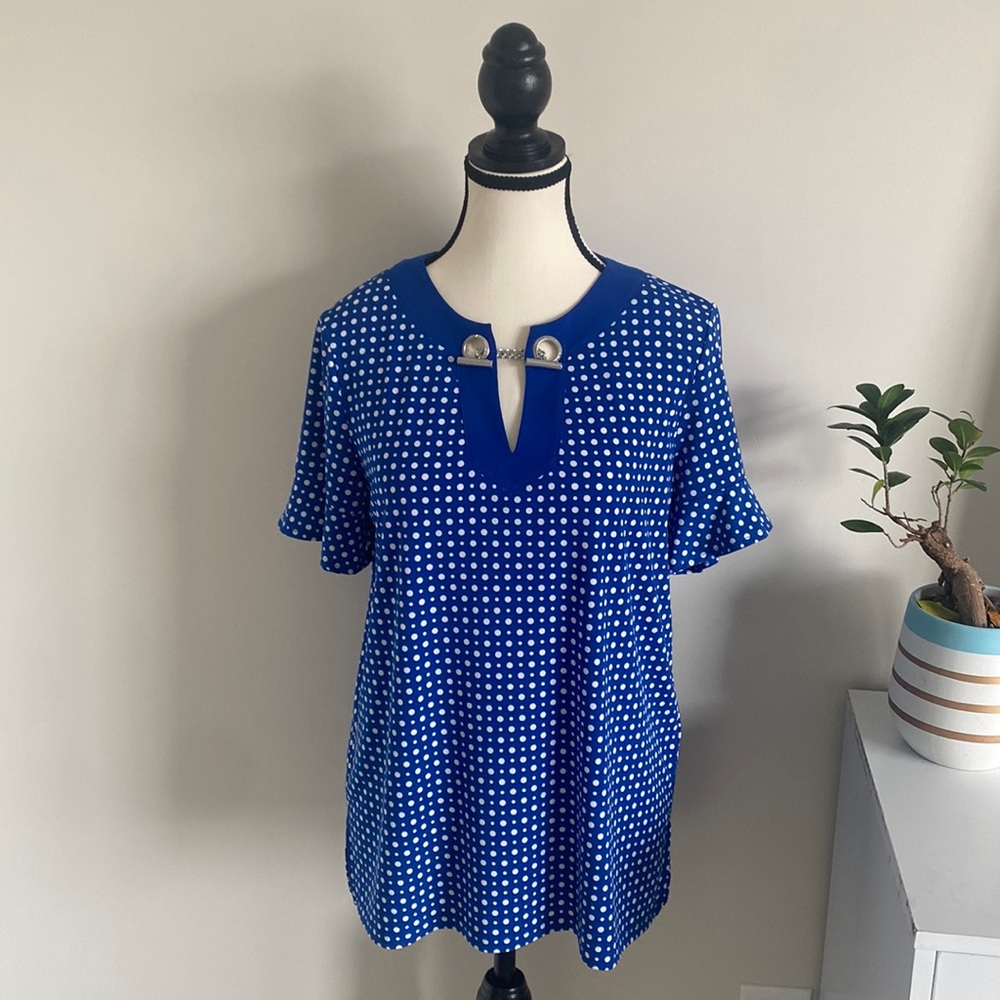 Michael Kors blue polka dot chain detail blouse
